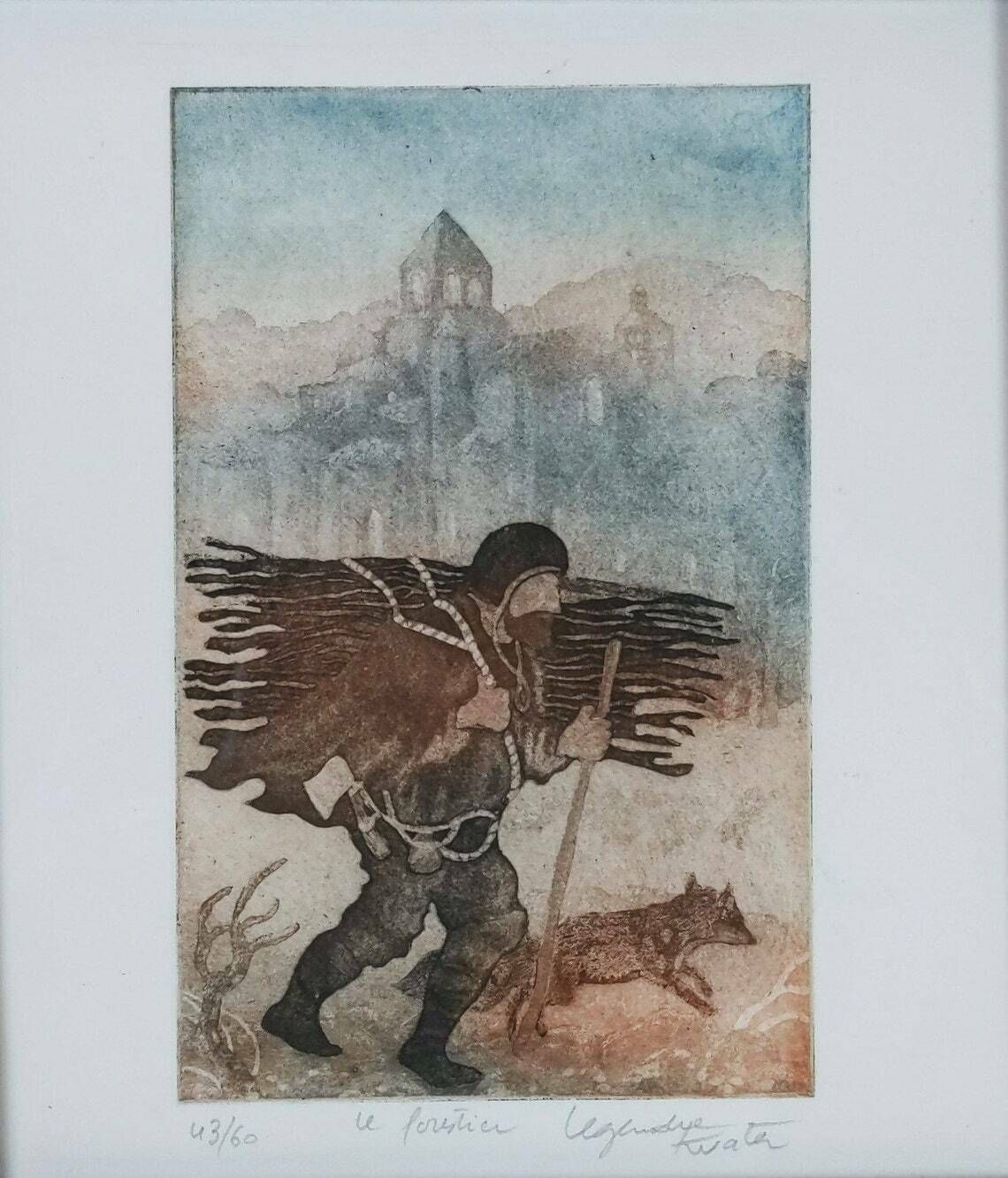 Vintage French Original Art Engraving By Kuata Framed Behind Glass And Numbered 43/60 Le Forestier photo furniture