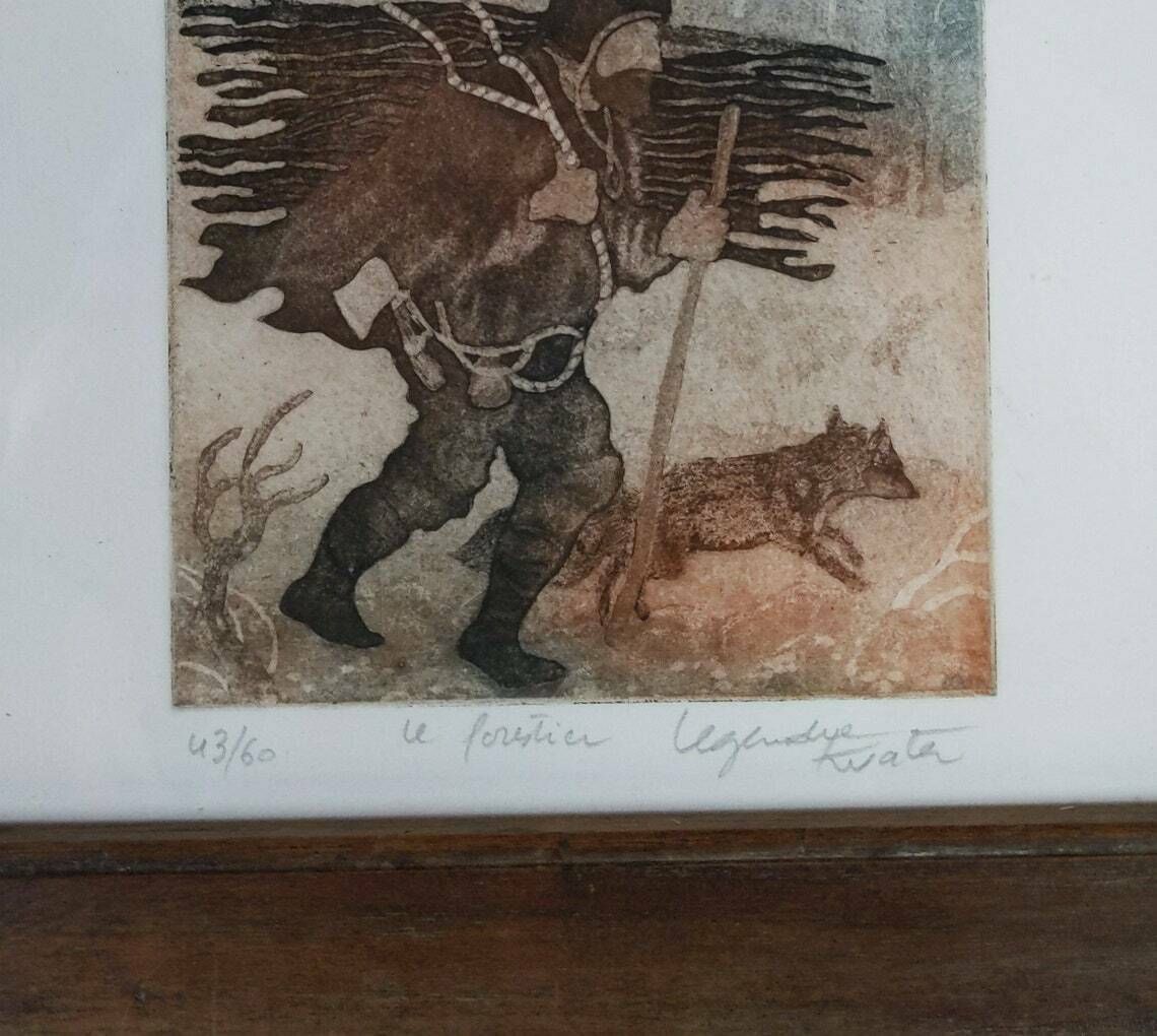 Vintage French Original Art Engraving By Kuata Framed Behind Glass And Numbered 43/60 Le Forestier photo for sale
