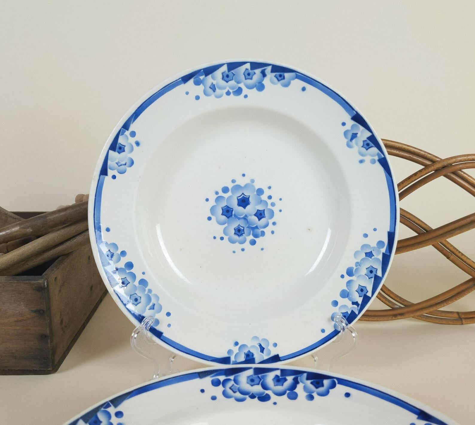 4 French Ironstone Pottery Bowls With Blue Transferware Art Deco Flowers Decoration By Boch Freres, Rustic Ceramic Tableware photo Home Decor