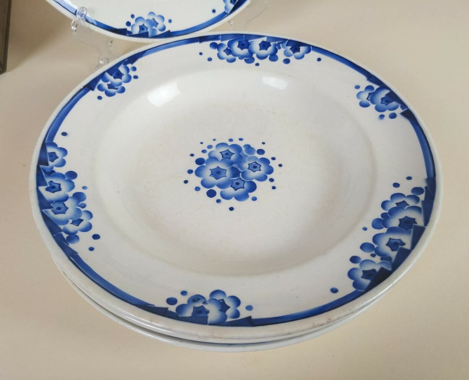 4 French Ironstone Pottery Bowls With Blue Transferware Art Deco Flowers Decoration By Boch Freres, Rustic Ceramic Tableware photo buy