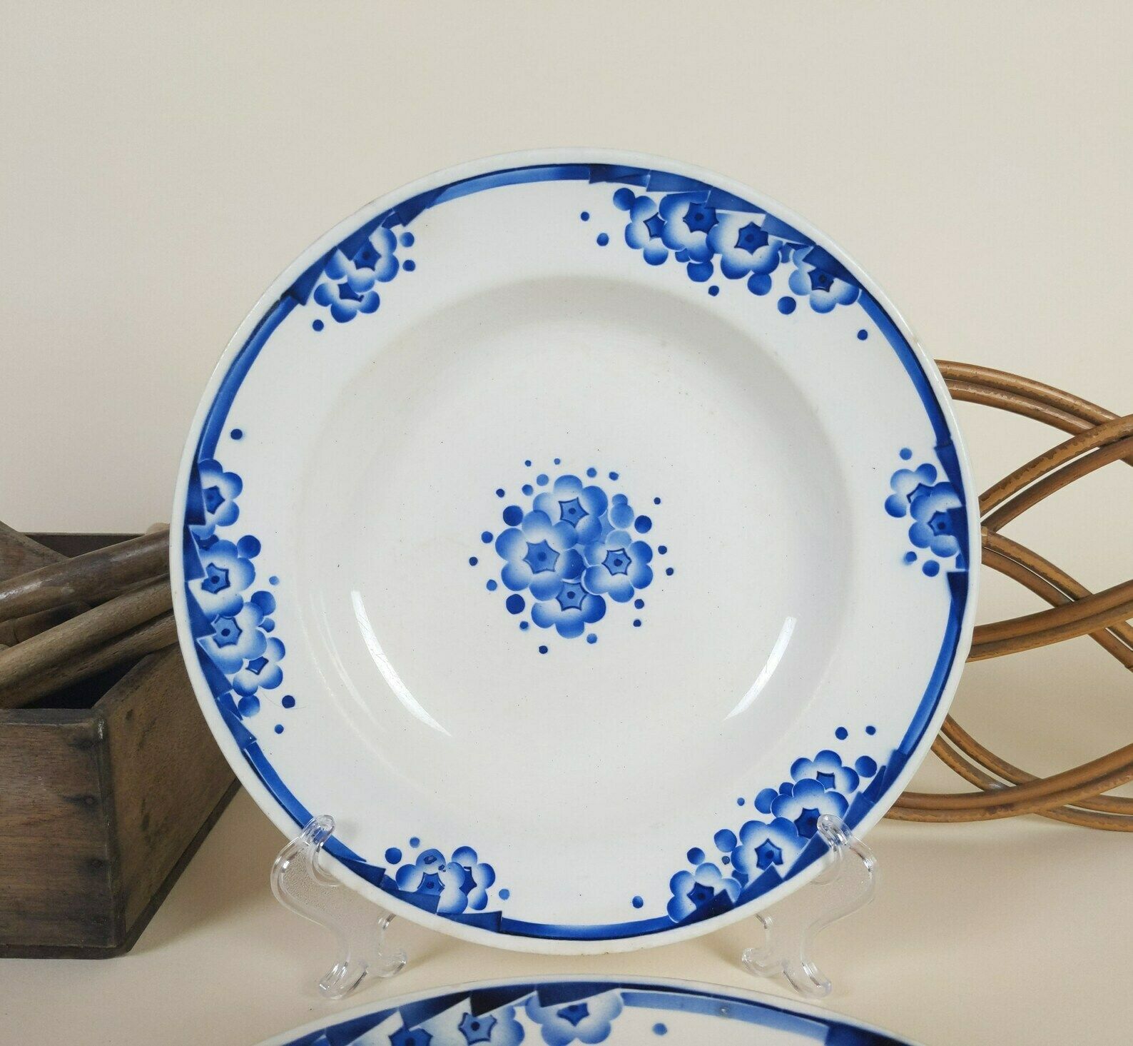 4 French Ironstone Pottery Bowls With Blue Transferware Art Deco Flowers Decoration By Boch Freres, Rustic Ceramic Tableware photo vintage