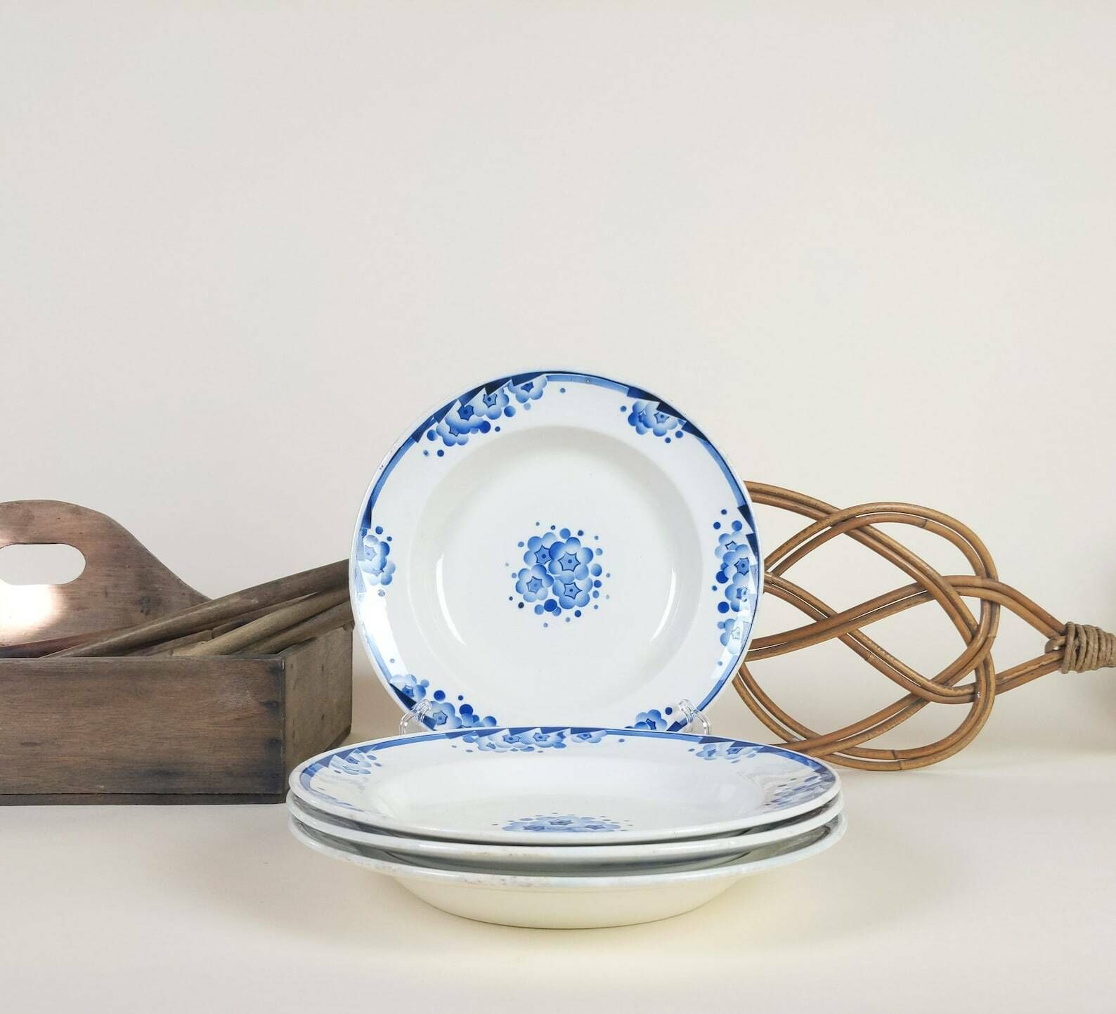 photo for sale 4 French Ironstone Pottery Bowls With Blue Transferware Art Deco Flowers Decoration By Boch Freres, Rustic Ceramic Tableware