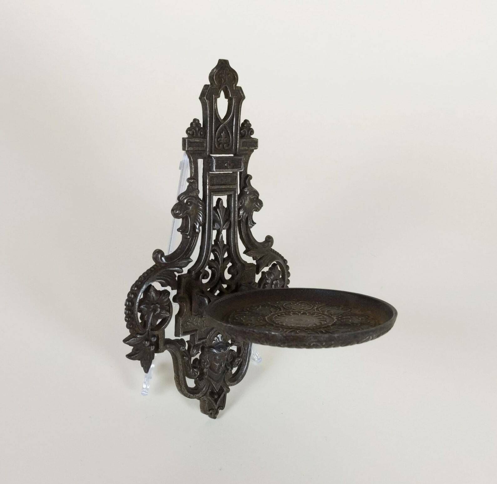 French Antique Pewter Metal Wall Hanging Folding Travelling Castle Candle Holder & Religious Statue Stand Shelf Late 1800s Victorian Period