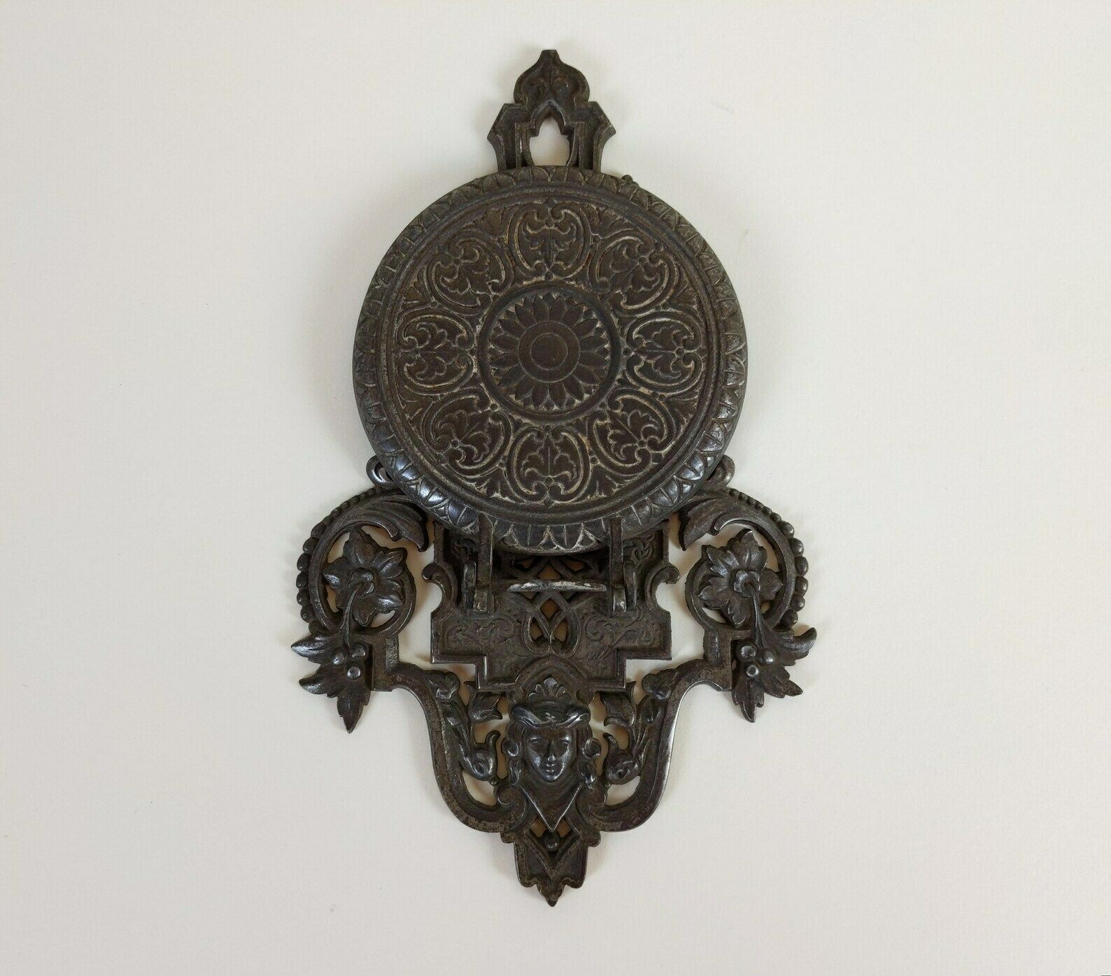 French Antique Pewter Metal Wall Hanging Folding Travelling Castle Candle Holder & Religious Statue Stand Shelf Late 1800s Victorian Period photo Home Decor
