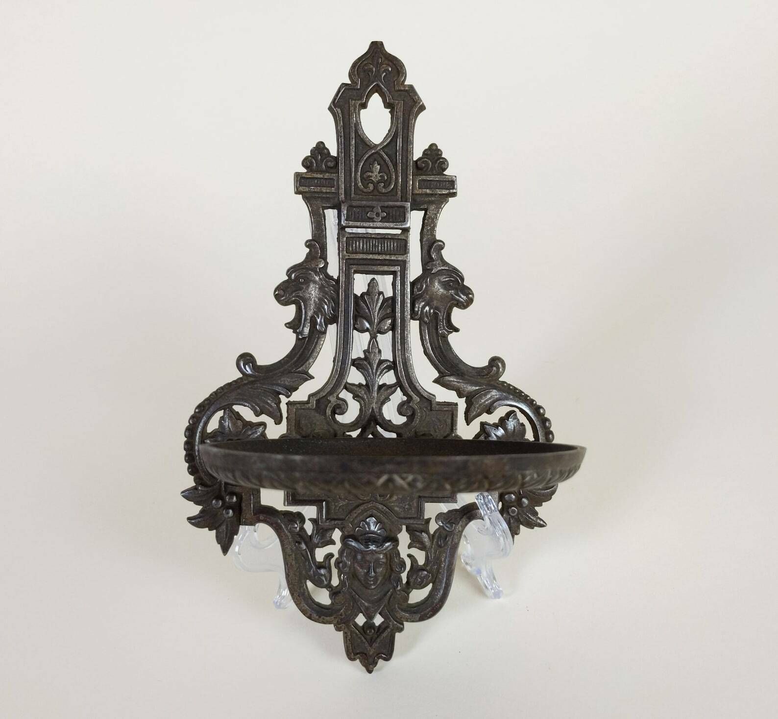photo furniture French Antique Pewter Metal Wall Hanging Folding Travelling Castle Candle Holder & Religious Statue Stand Shelf Late 1800s Victorian Period