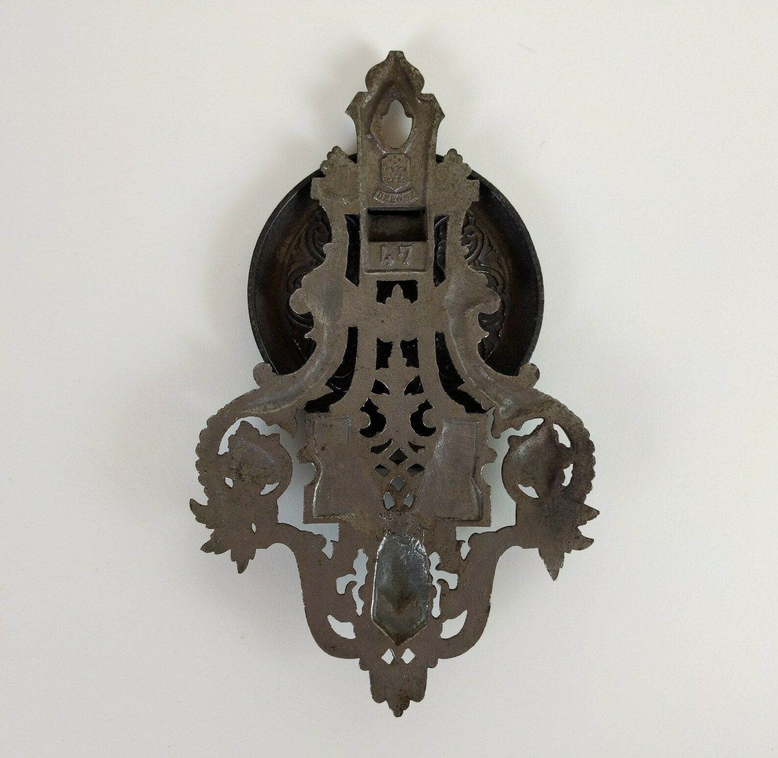 photo for sale French Antique Pewter Metal Wall Hanging Folding Travelling Castle Candle Holder & Religious Statue Stand Shelf Late 1800s Victorian Period