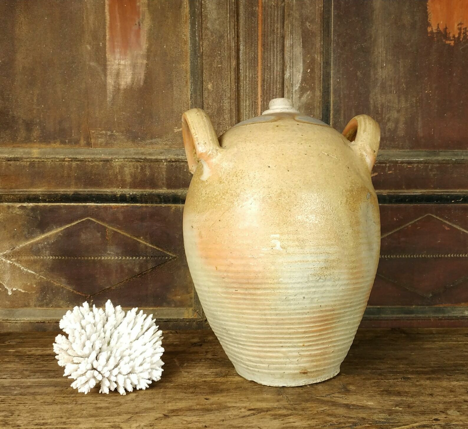 Very Large French Antique Salt Glazed Stoneware Primitive Ceramic Earthenware Wine Vinegar Jar With Handles, Early 20th Century 1900's photo Home Decor