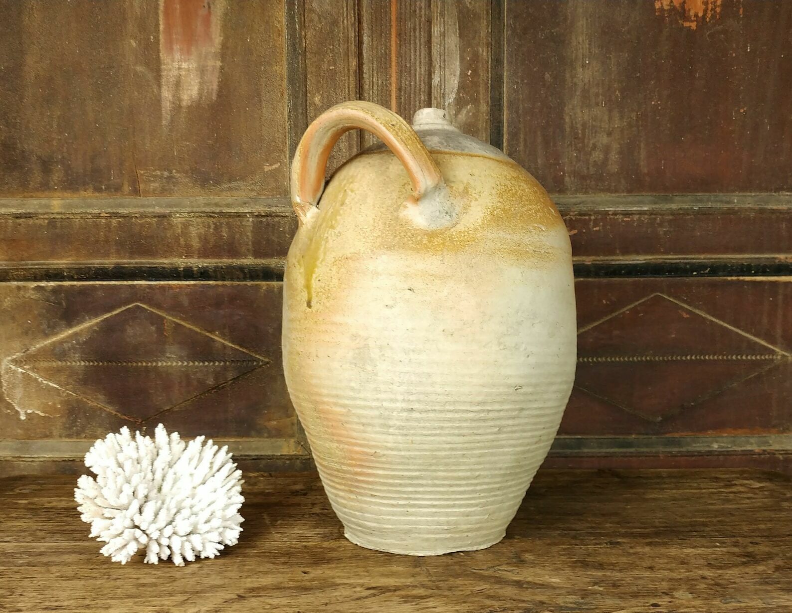 Very Large French Antique Salt Glazed Stoneware Primitive Ceramic Earthenware Wine Vinegar Jar With Handles, Early 20th Century 1900's photo vinterior