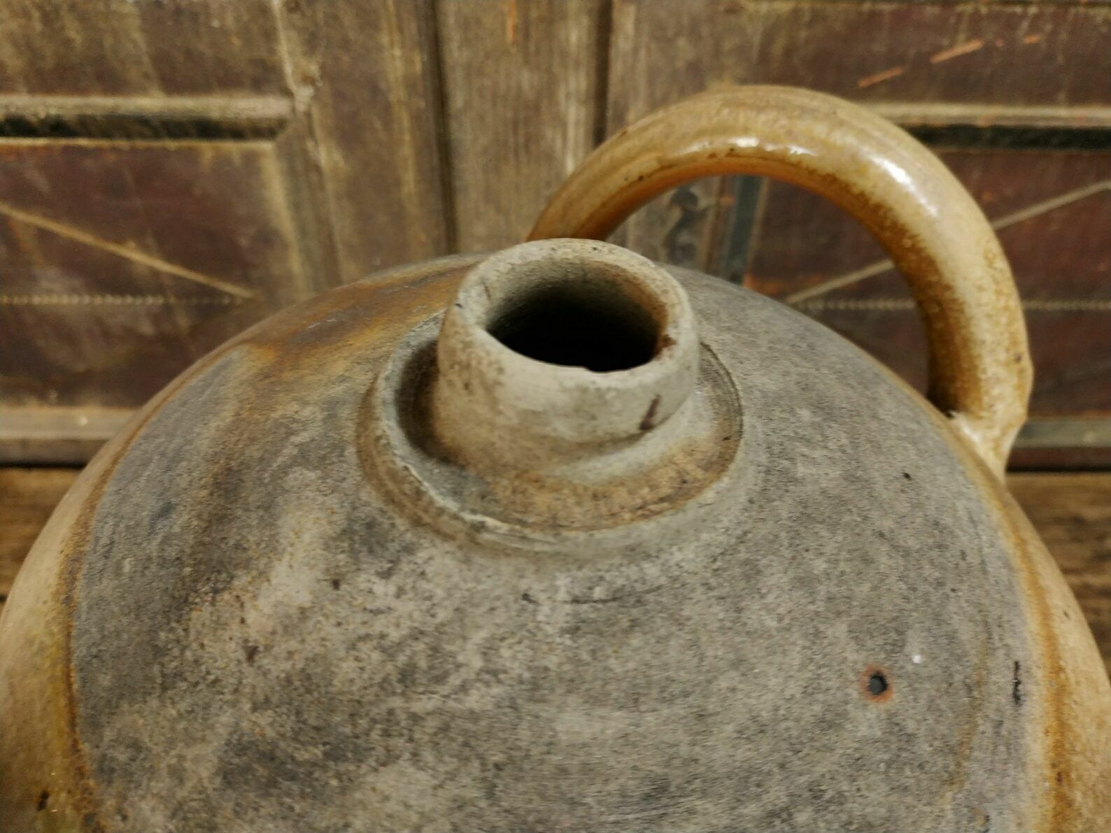 photo furniture Very Large French Antique Salt Glazed Stoneware Primitive Ceramic Earthenware Wine Vinegar Jar With Handles, Early 20th Century 1900's