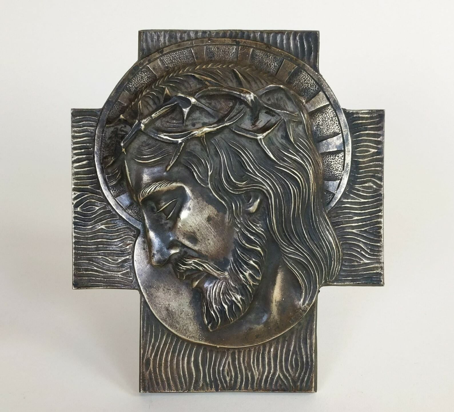 French Antique Solid Bronze Patinated Christian Religious Jesus Christ Door Or Wood Panel Crown Of Thorns Crucifix Sculpture Signed Rosnac photo Art