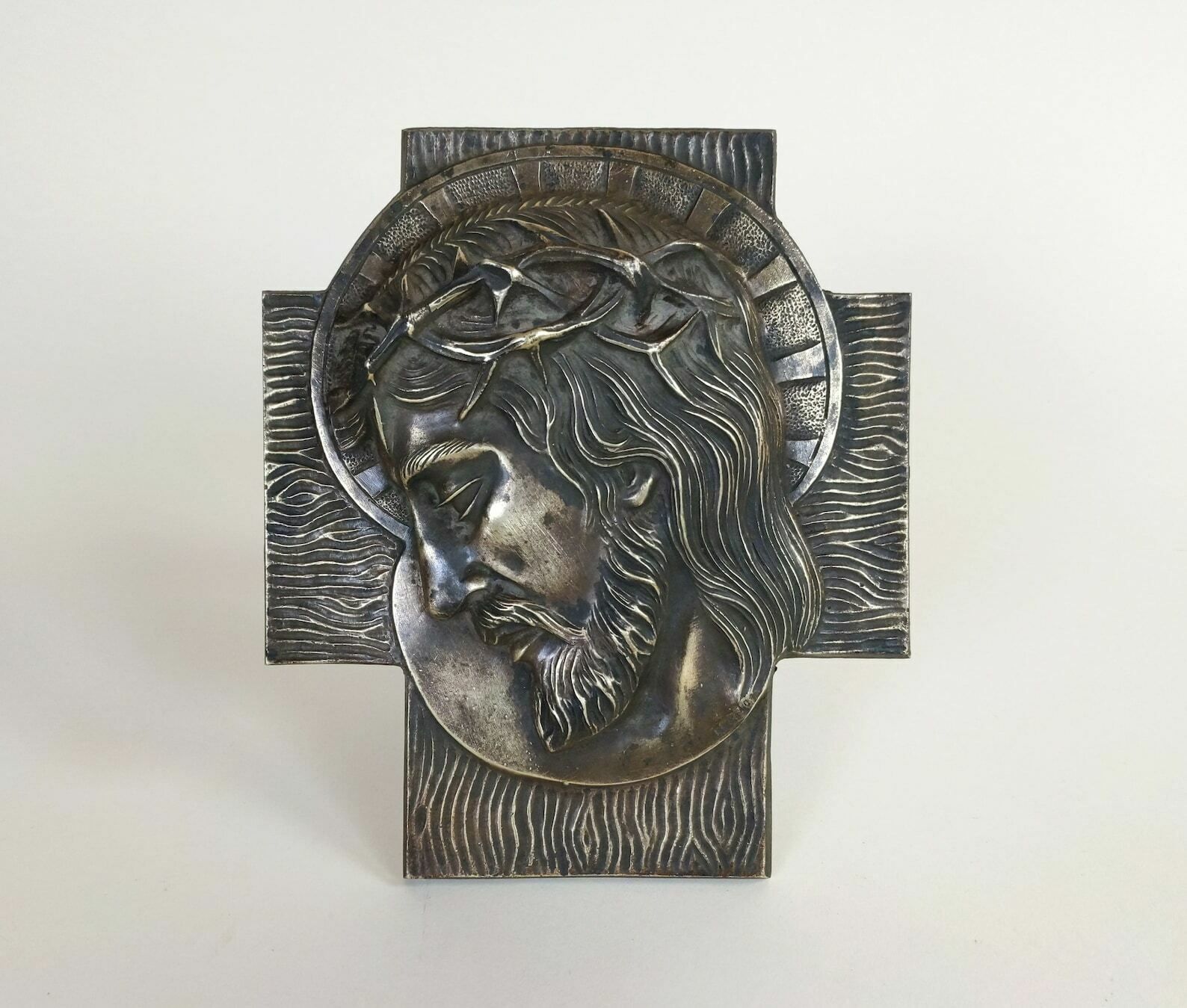 photo for sale French Antique Solid Bronze Patinated Christian Religious Jesus Christ Door Or Wood Panel Crown Of Thorns Crucifix Sculpture Signed Rosnac