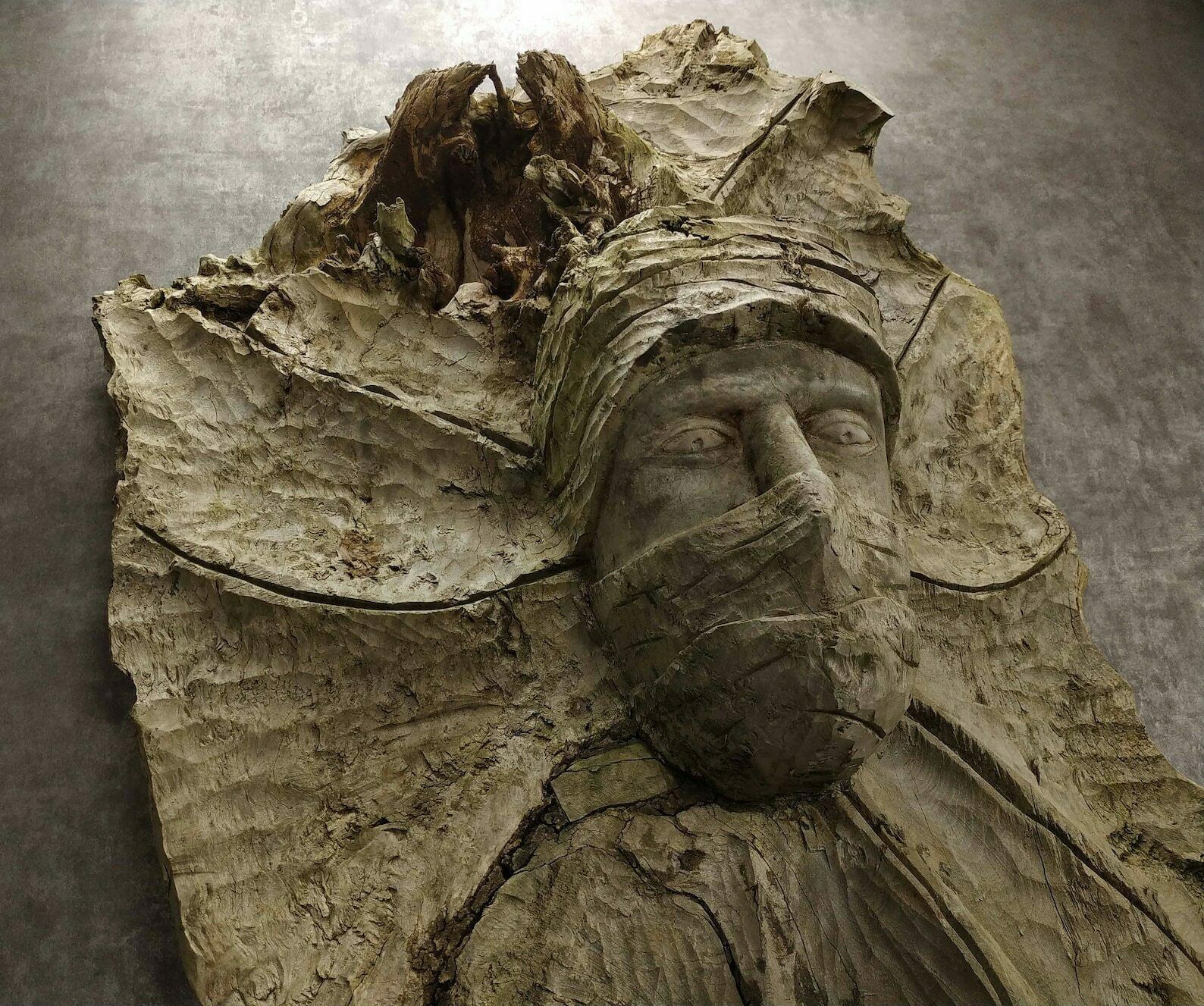 Rustic French Tree Root Carving, Large Primitive Wall Hanging Wooden Carving With Persons Head,Folk Art Accent Wall Decoration,Root Wood Art photo Art
