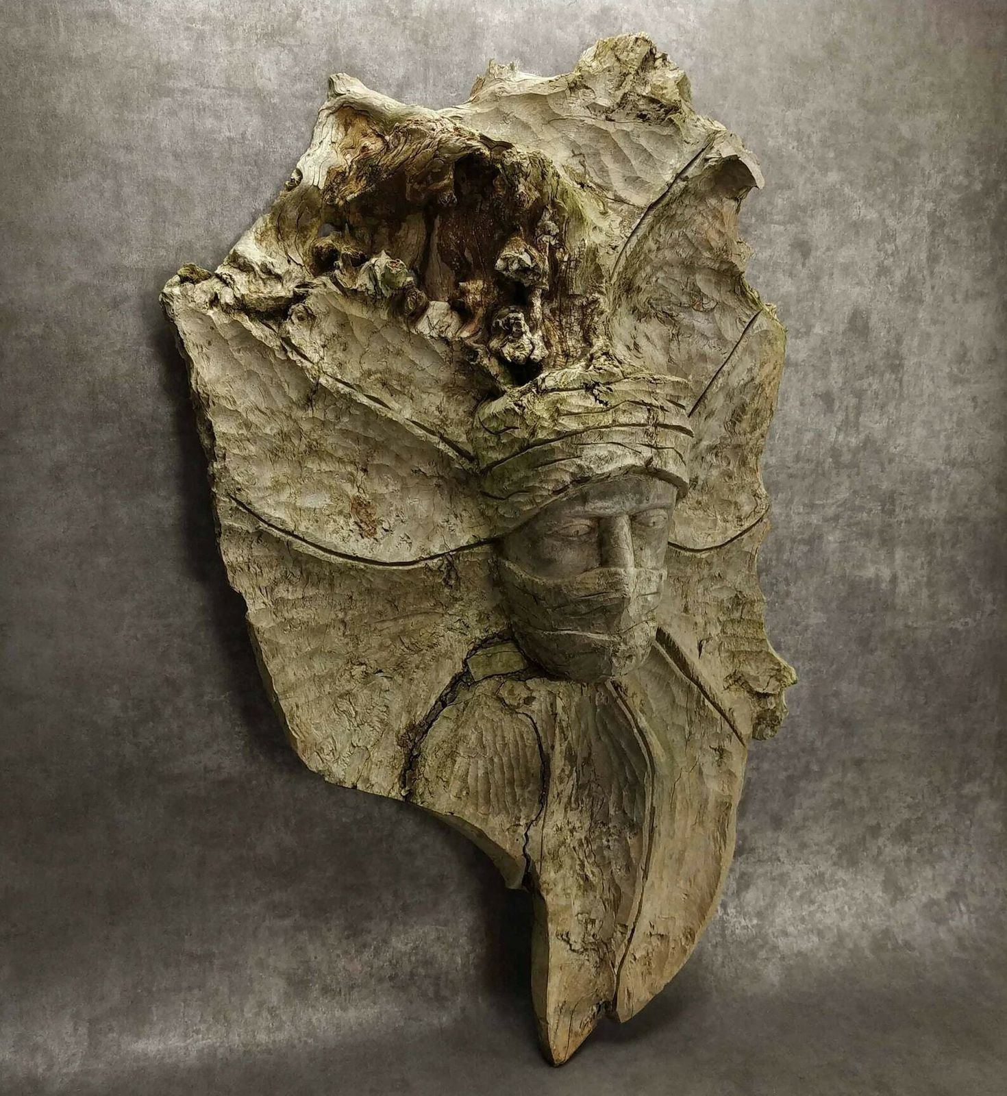 Rustic French Tree Root Carving, Large Primitive Wall Hanging Wooden Carving With Persons Head,Folk Art Accent Wall Decoration,Root Wood Art photo vinterior