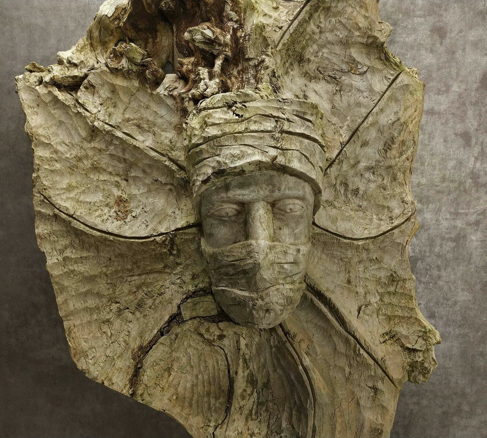 Rustic French Tree Root Carving, Large Primitive Wall Hanging Wooden Carving With Persons Head,Folk Art Accent Wall Decoration,Root Wood Art photo vintage