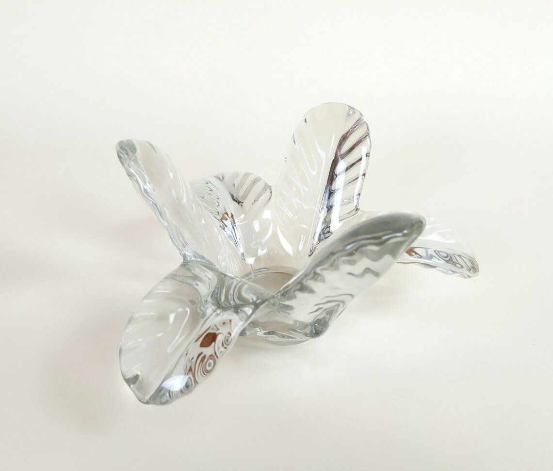 Vintage French Mid Century 1950s Wavy Stylized Flower Crystal Glass Catch All Bowl photo vintage