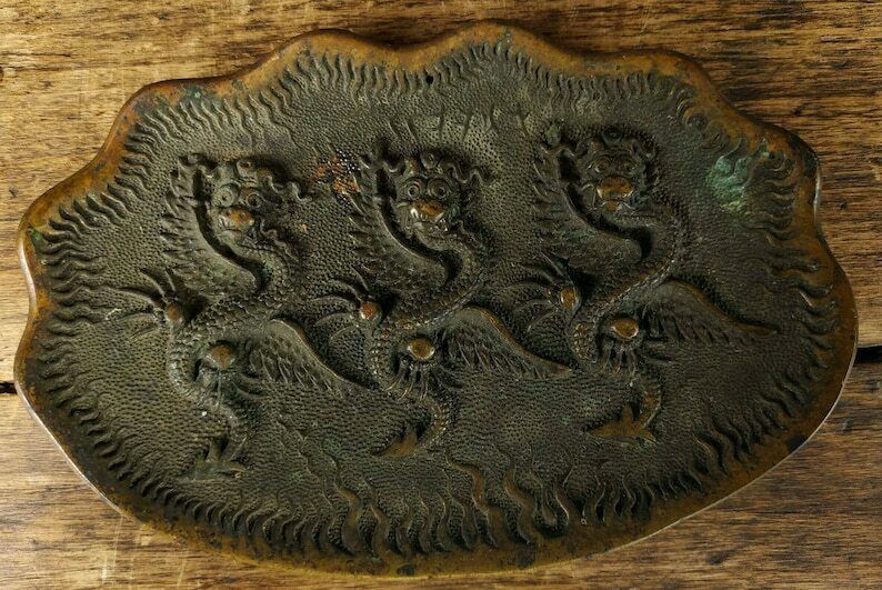 Antique Chinese Bronze 3 Yinglong Scholars Dragons Plaque, Bronze Chinese Mirror With Dragons, Chinese Relief Decorated Bronze Brush Rest photo for sale
