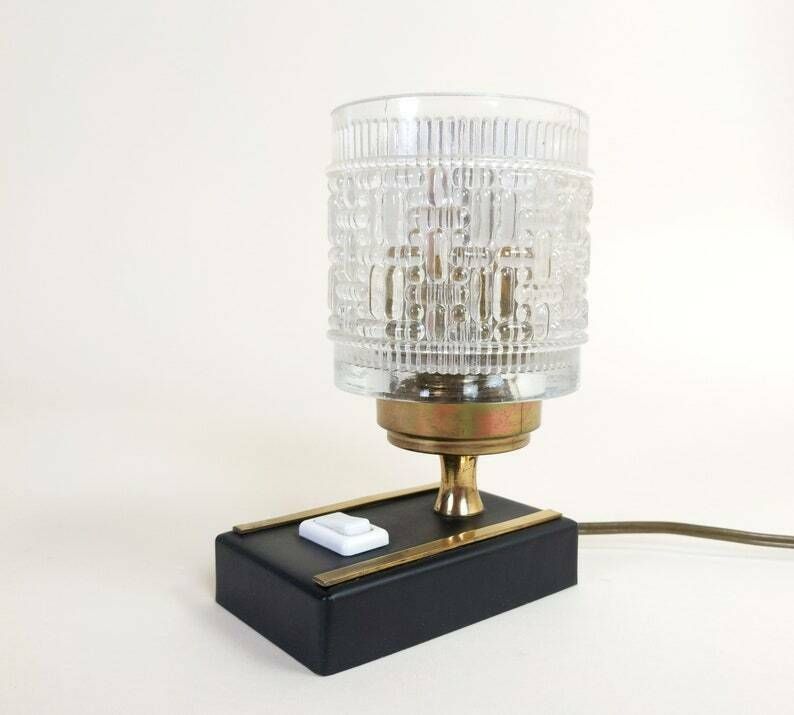 photo for sale French Vintage Clear Glass Black And Gold Art Deco Style Table Lamp Or Bedside Light, Home Office And Bedroom Decor