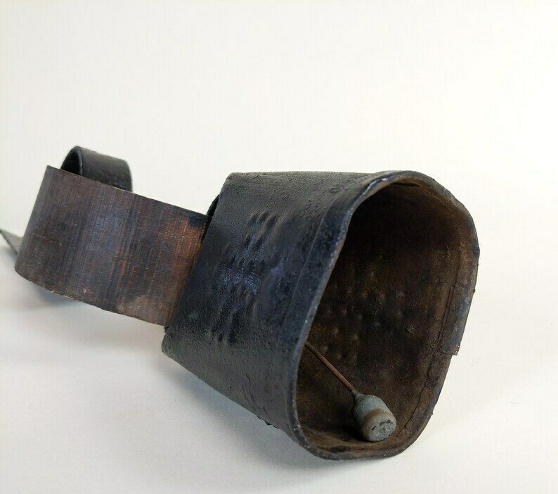 French Antique Primitive Front Door Hanging Cowbell With Wood Collar And Wrought Iron Support For Rustic Mountain Cabin And Farmhouse Decor photo buy