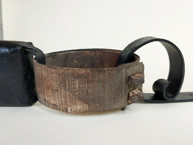 photo furniture French Antique Primitive Front Door Hanging Cowbell With Wood Collar And Wrought Iron Support For Rustic Mountain Cabin And Farmhouse Decor