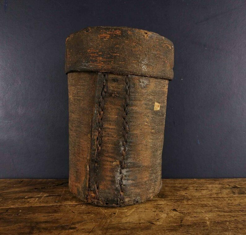 19th Century Gabon Africa Wood Tree Bark Container Box, Antique Primitive Bentwood African Wooden Treen Box