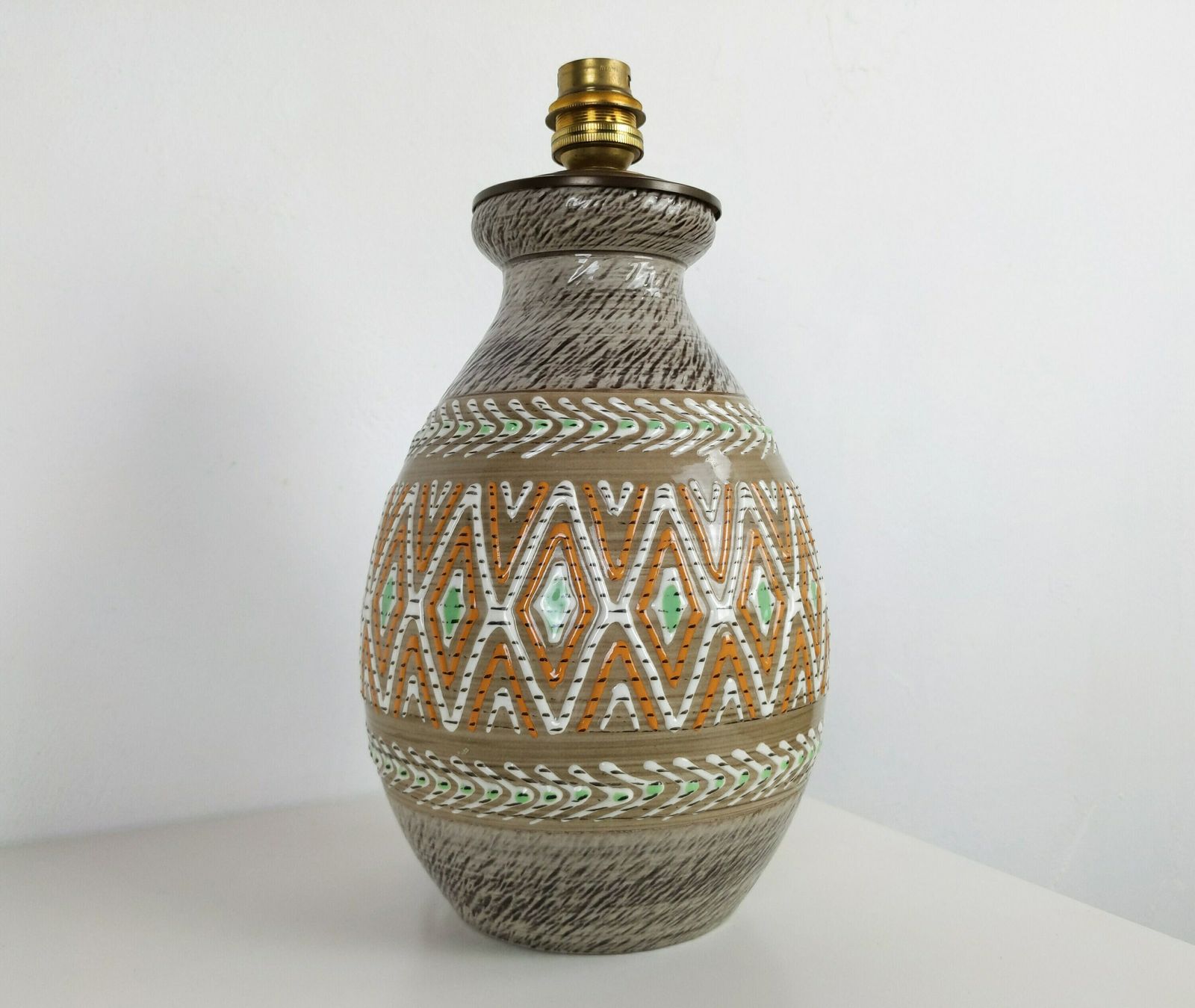 photo for sale Vintage French Jacques Breugnot Ceramic Lamp, Signed + Dedicated 1980s Studio Pottery Light, 1950s Style Enamel Decorated Electric Lamp Base