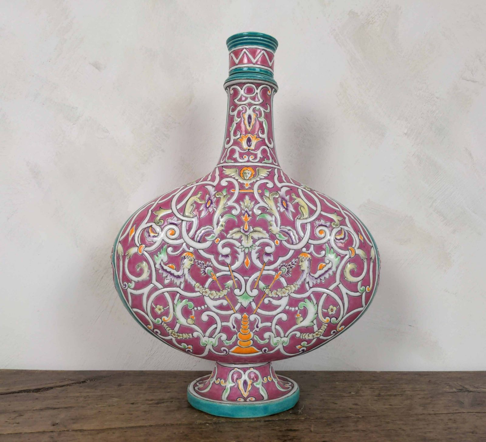 Eugene Collinot (1824   1899) Gourde Shaped Toujours Porcelain Vase, Antique French 19th Century Arabesque Decorative Pottery