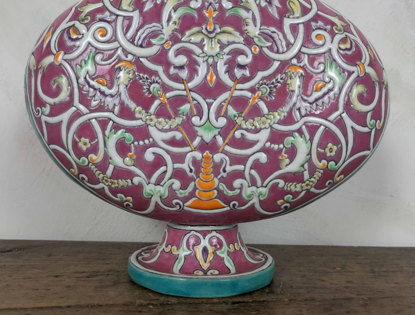 photo for sale Eugene Collinot (1824   1899) Gourde Shaped Toujours Porcelain Vase, Antique French 19th Century Arabesque Decorative Pottery