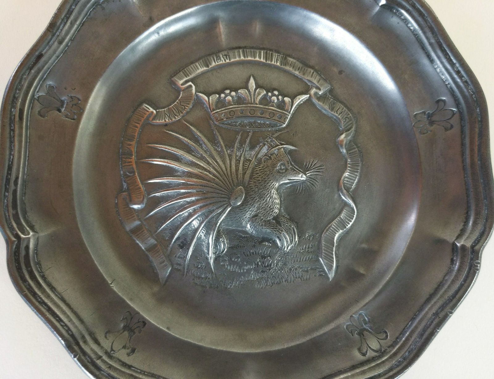 Two Old French Pewter Metal Decorative Dishes With Exotic Animals And Fleur De Lys And Crown Decorations With Makers Mark photo 120.0