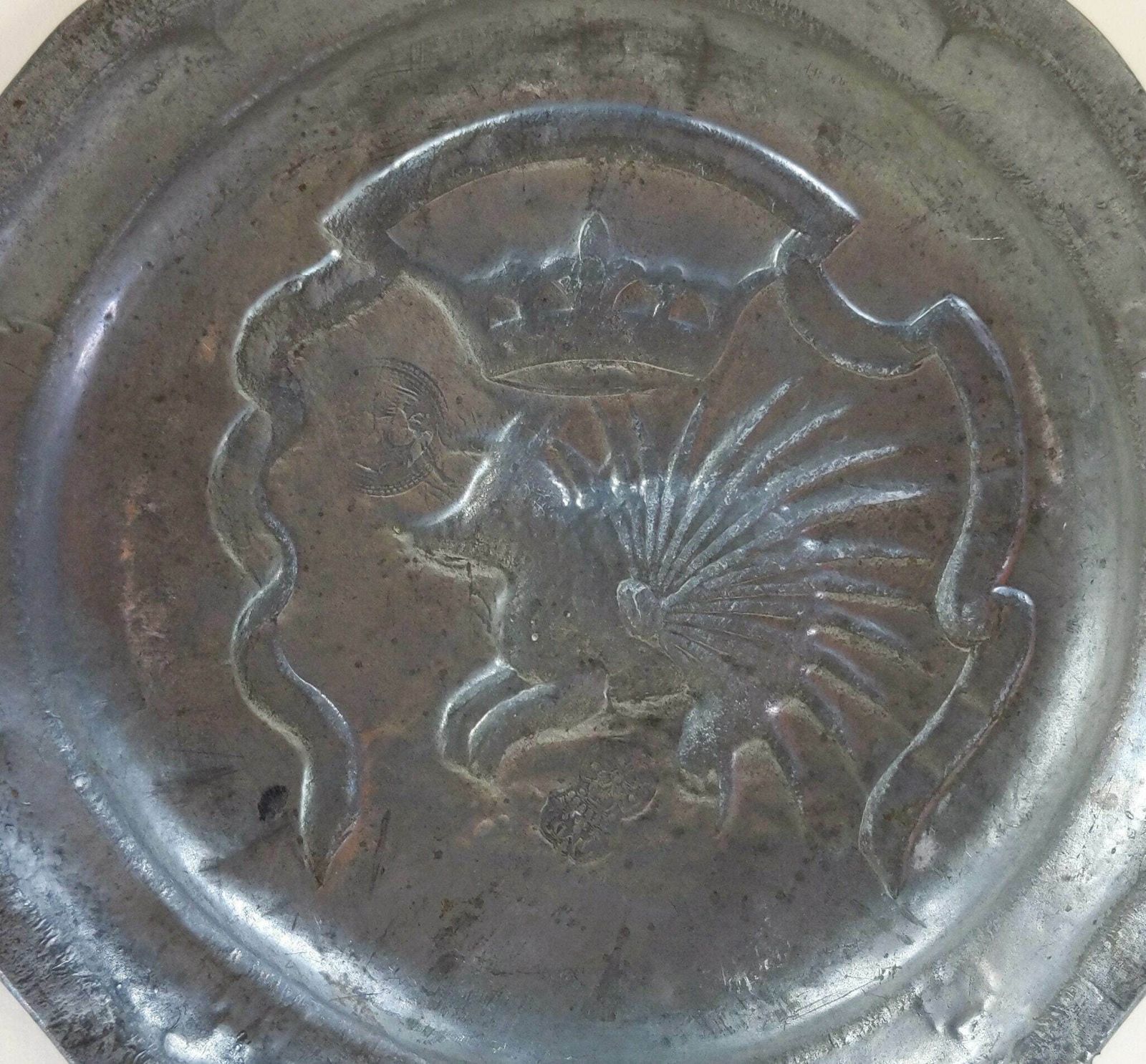 Two Old French Pewter Metal Decorative Dishes With Exotic Animals And Fleur De Lys And Crown Decorations With Makers Mark photo buy