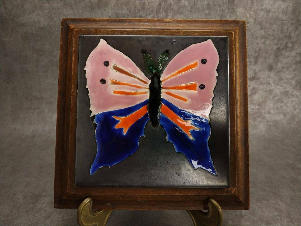 Vintage French Trivet, Mid Century Modern Ceramic Tile Butterfly Pot Rest, Mcm Wooden And Pottery Insect Trivet, La Ferte Gaucher, Tableware