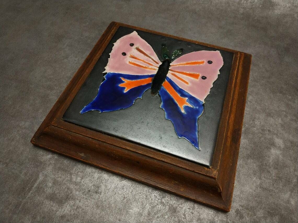 Vintage French Trivet, Mid Century Modern Ceramic Tile Butterfly Pot Rest, Mcm Wooden And Pottery Insect Trivet, La Ferte Gaucher, Tableware photo for sale