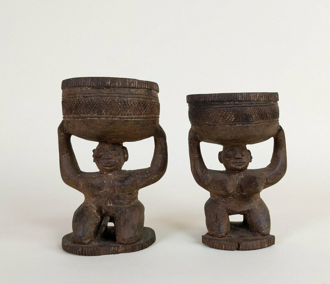 Old Primitive African Hand Carved Wood Female And Male Tribal Divination Cups Or Pigment Containers, Wooden Statues From Africa