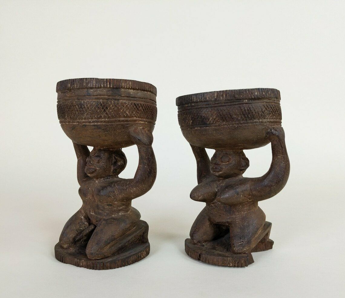 Old Primitive African Hand Carved Wood Female And Male Tribal Divination Cups Or Pigment Containers, Wooden Statues From Africa photo vinterior