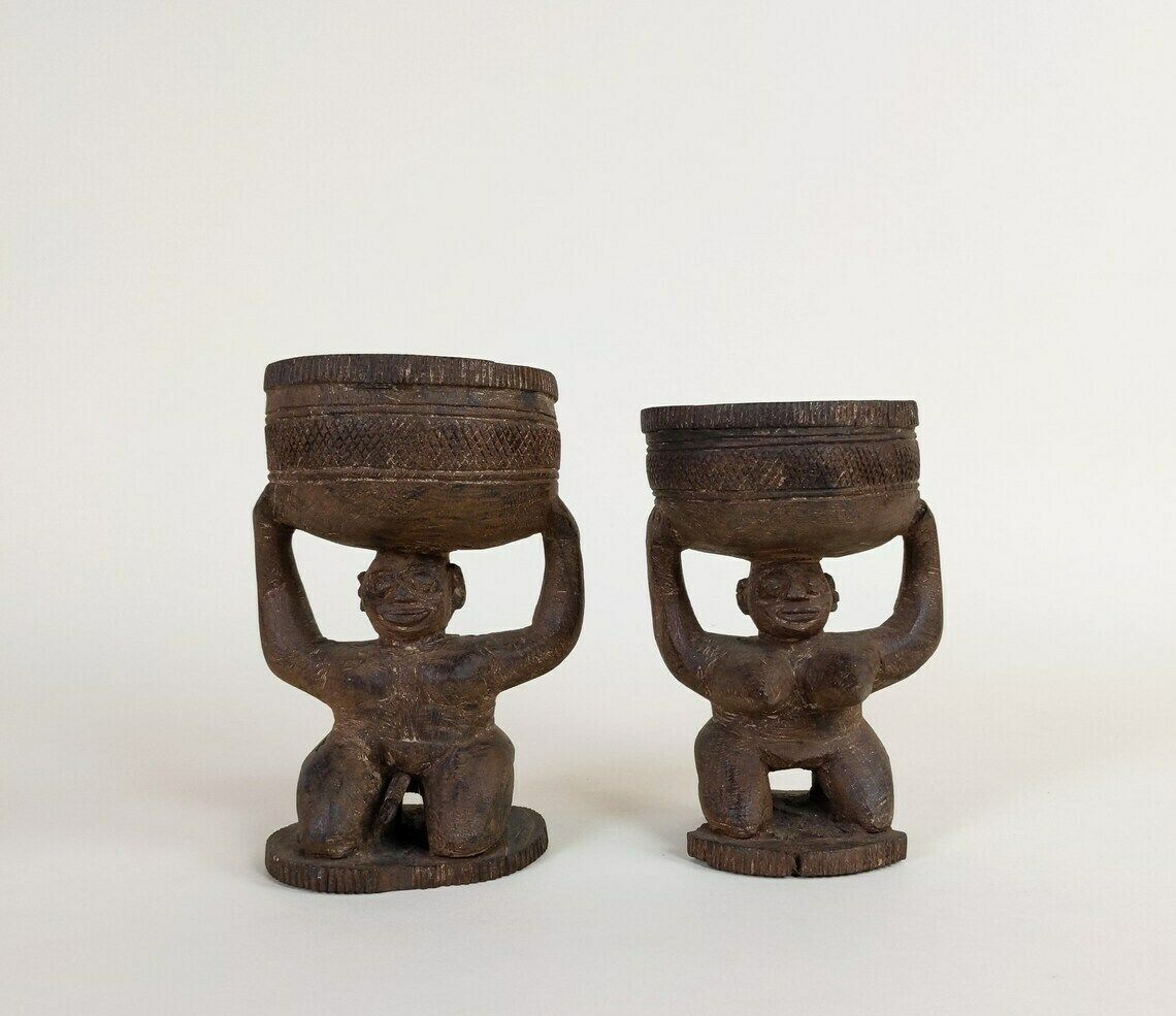 Old Primitive African Hand Carved Wood Female And Male Tribal Divination Cups Or Pigment Containers, Wooden Statues From Africa photo vintage