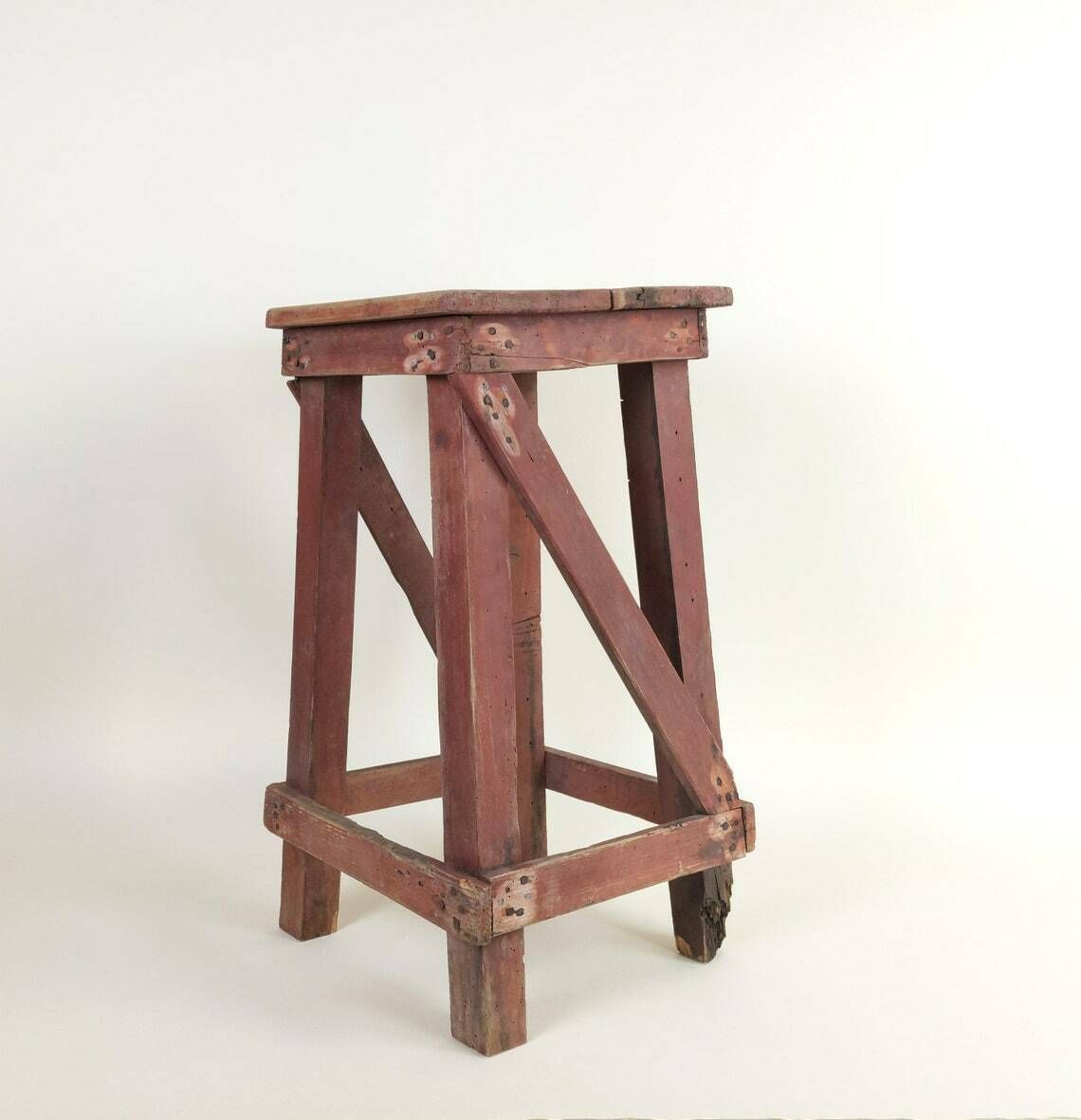 Primitive Antique 1920s Rustic French Four Leg Wood Stool For A Machinists Atelier In Wabi Sabi Style photo Furniture
