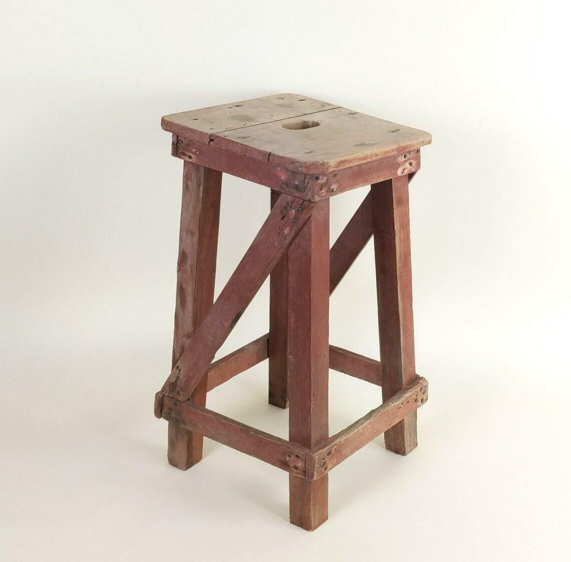 Primitive Antique 1920s Rustic French Four Leg Wood Stool For A Machinists Atelier In Wabi Sabi Style photo 140.0