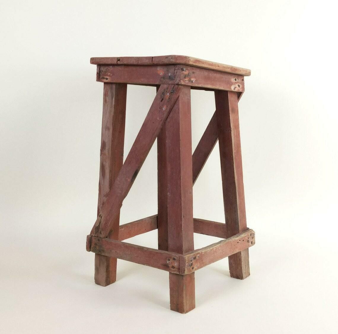 photo furniture Primitive Antique 1920s Rustic French Four Leg Wood Stool For A Machinists Atelier In Wabi Sabi Style