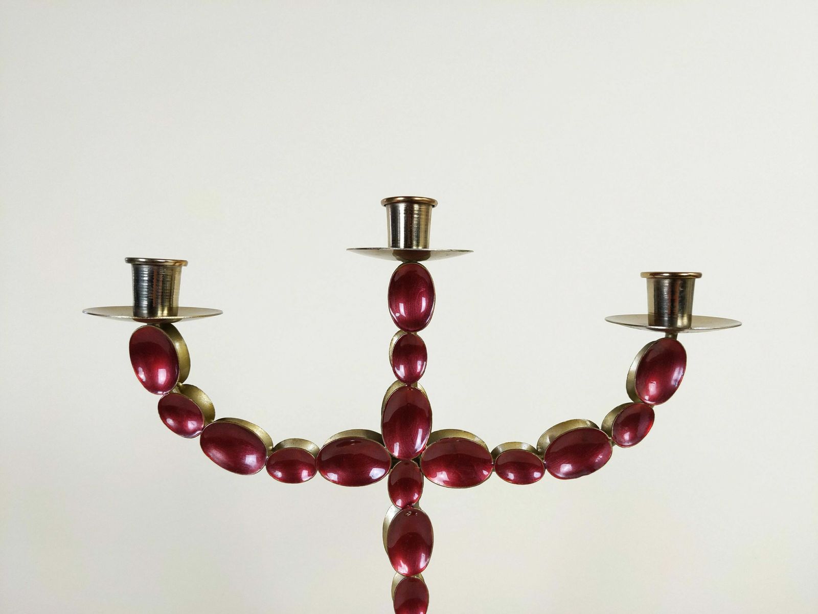 Vintage 3 Arm Swedish Brass And Pink Enamel Candelabra Candle Holder photo for sale