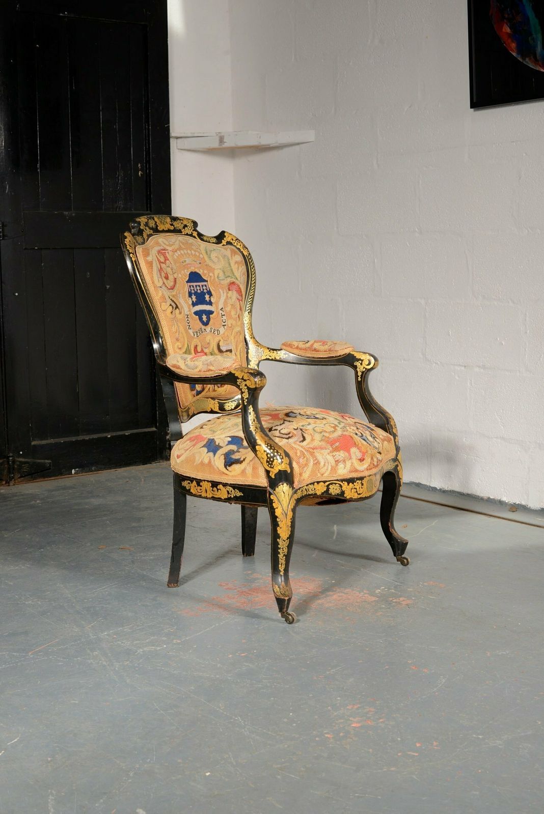 A French Louis Philippe Tapestry Armchair 'Non Verba Sed Acta'   C.1890 photo for sale