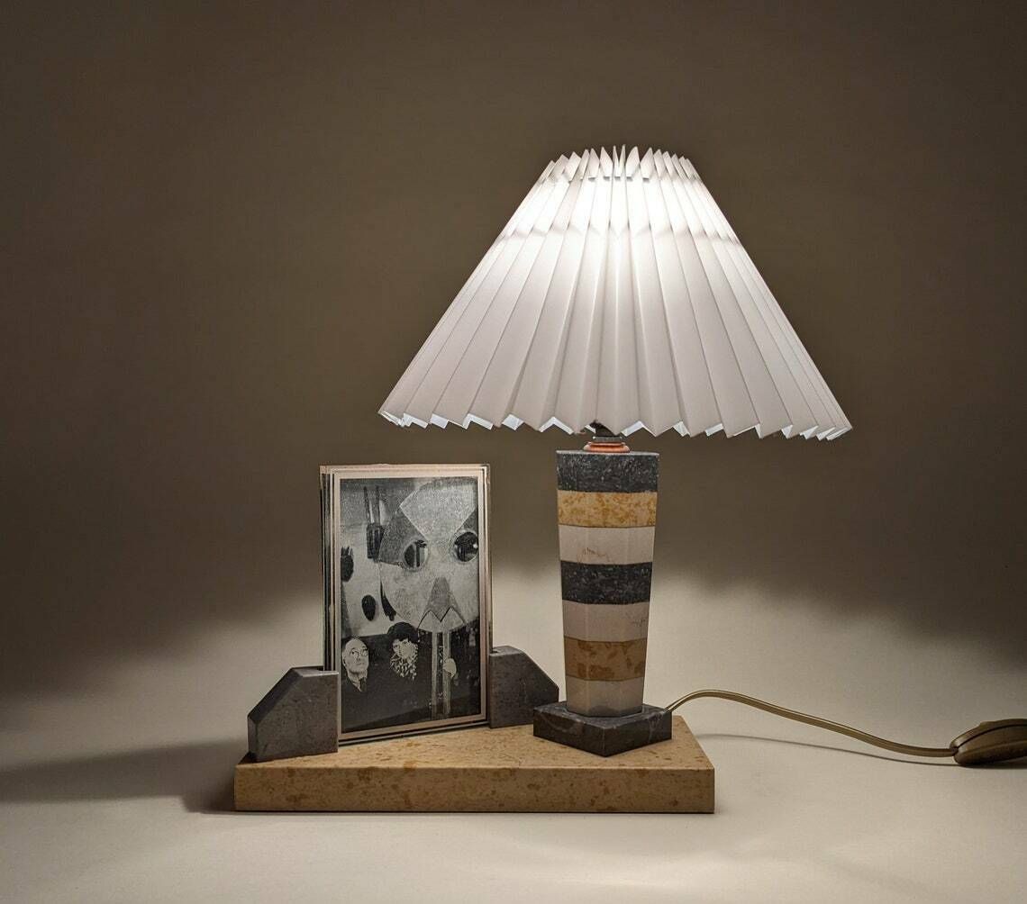 Vintage French Art Deco Mixed Marble And Picture Photo Holder Table Lamp With White Pleated Lampshade photo furniture