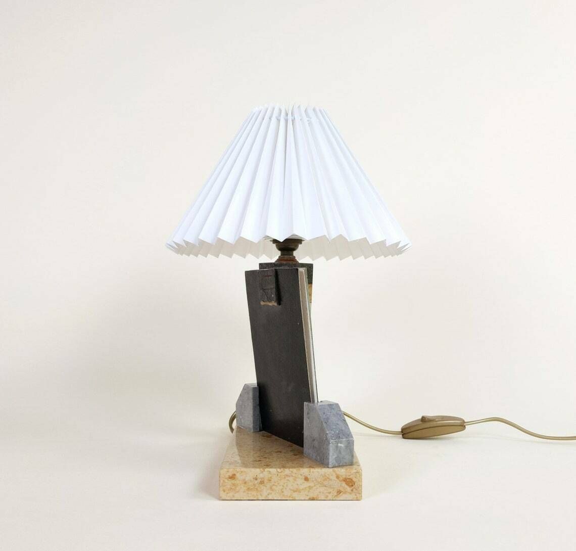 Vintage French Art Deco Mixed Marble And Picture Photo Holder Table Lamp With White Pleated Lampshade photo buy