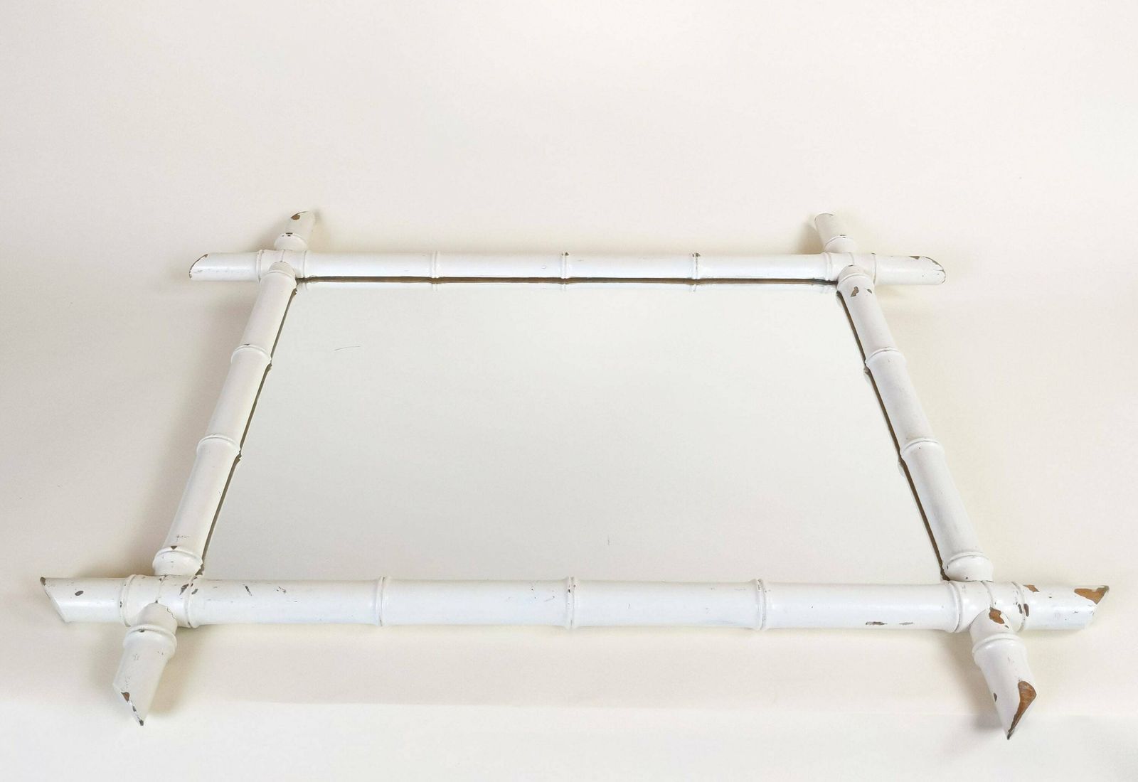 Antique French Painted White Faux Bamboo Wood Framed Wall Mirror, Rustic Accent Wall Decor photo buy