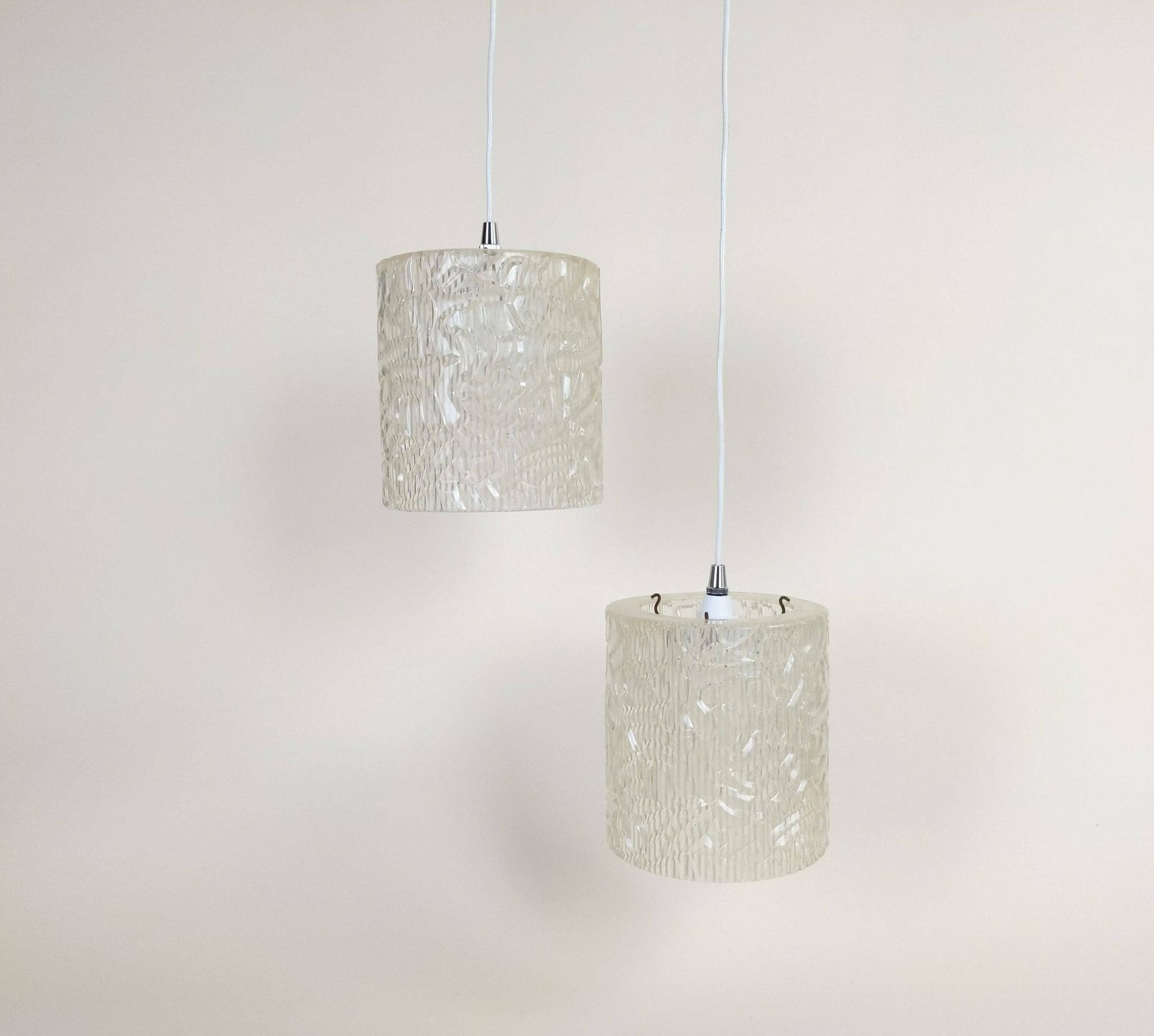 Pair Of Vintage French Clear Acrylic Hanging Swag Pendant Ceiling Lights, Mid Century Lighting, 1960s Plastic Lights photo vintage