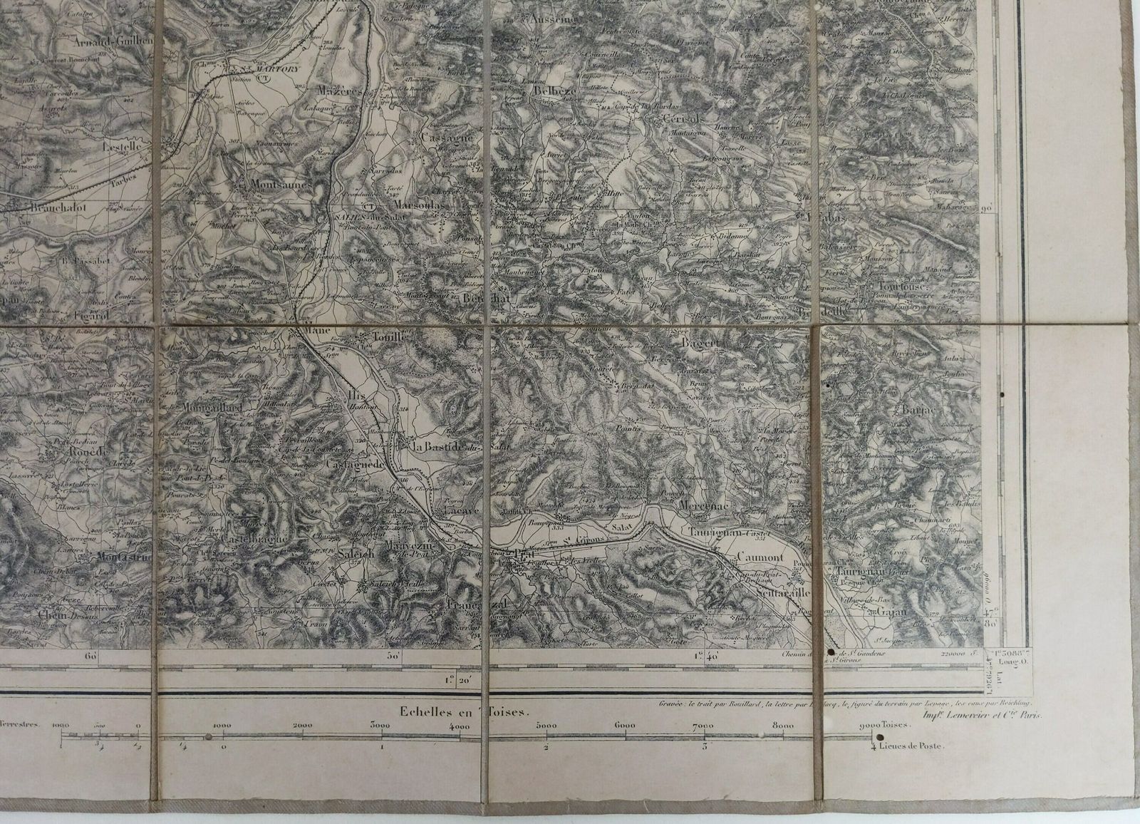 Antique French 19th Century Military Map Of St Gaudens France, 1860s Lemercier Folding Map On Fabric For Collectors photo vintage