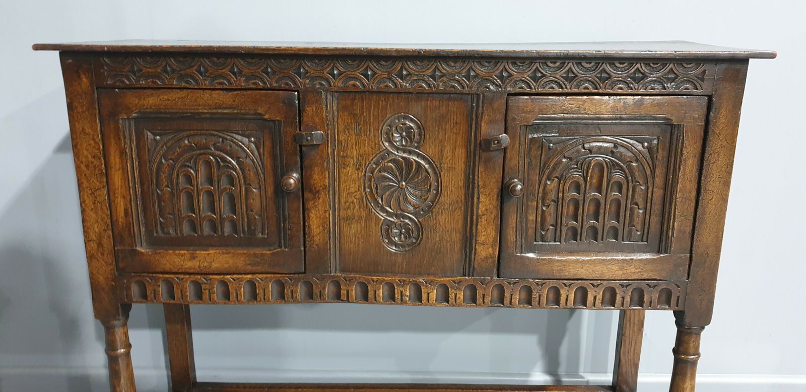 895.0 Carved Oak Sideboard Of Small Proportions photo