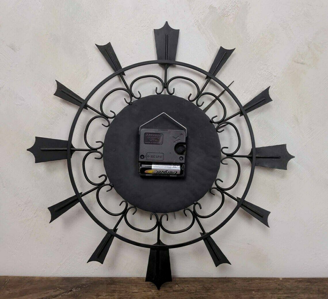 photo for sale Unghans Starburst Battery Wall Clock, German Black And Gold Mid Century Clock, Battery Operated Black Metal Clock, Home Office Decor