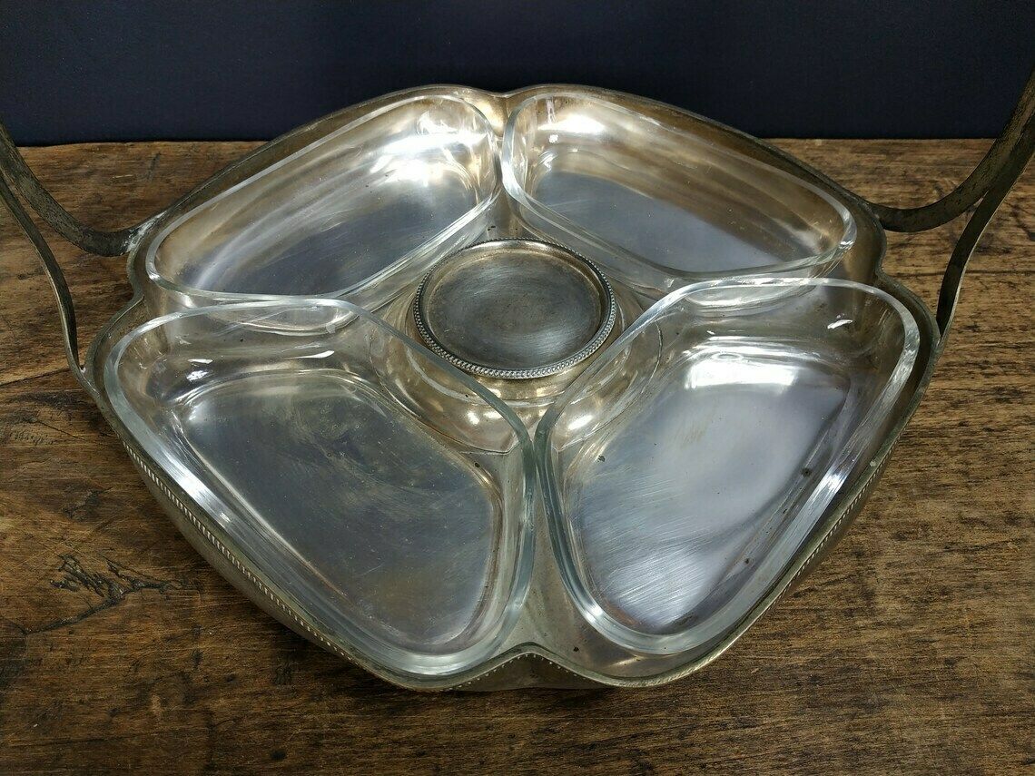 Vintage Tray, Large French Art Deco Silver Plated Metal Tray, Four Glass Dishes, Serving Tray With Handle, Appetizer Tray, Party Tray photo Home Decor