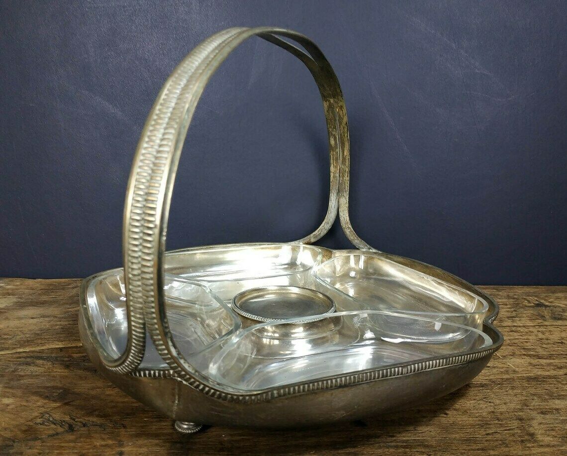 Vintage Tray, Large French Art Deco Silver Plated Metal Tray, Four Glass Dishes, Serving Tray With Handle, Appetizer Tray, Party Tray photo 71.0