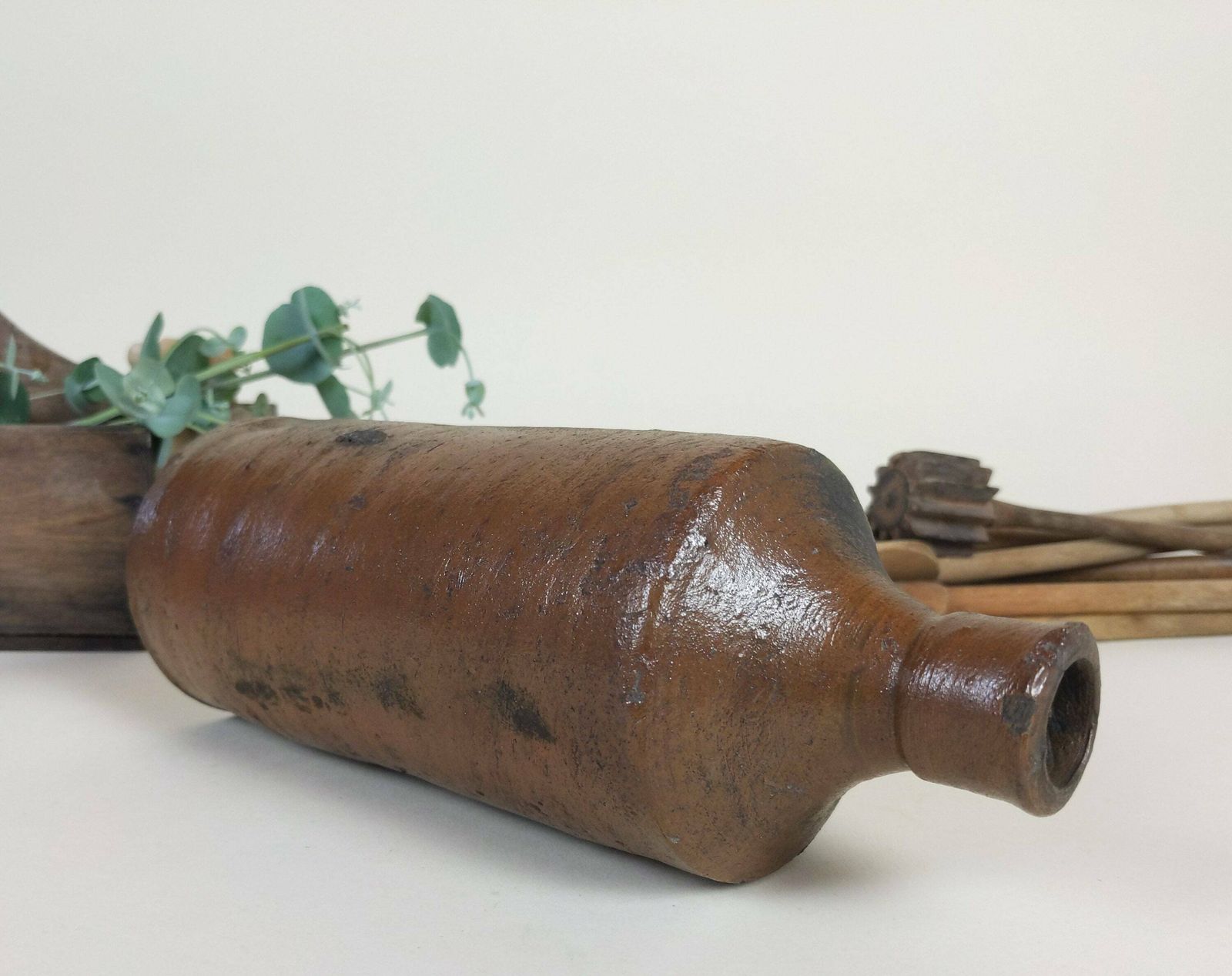 Antique French Chocolate Brown Stoneware Pottery Bottle 1900s photo vintage