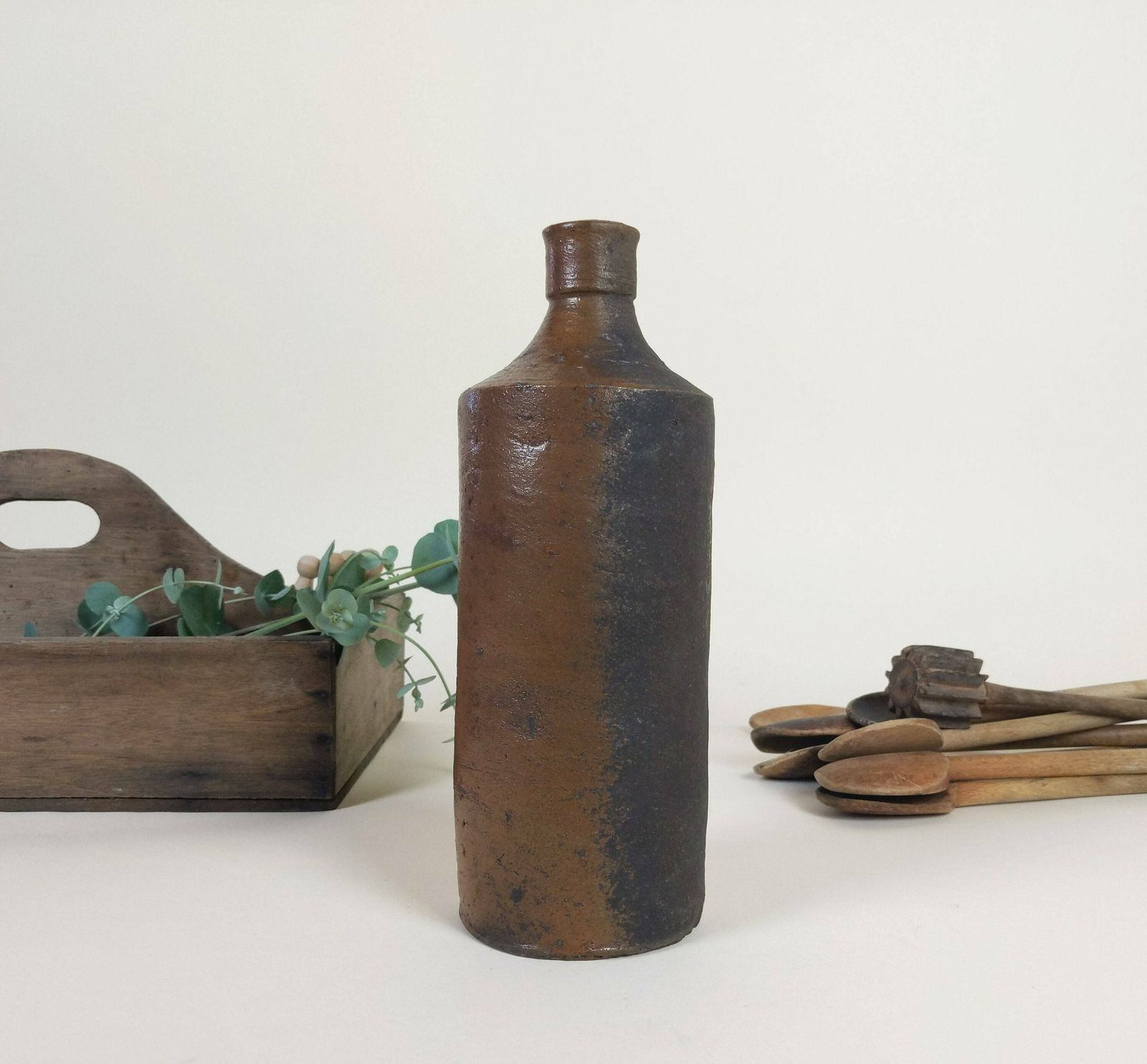 photo for sale Antique French Chocolate Brown Stoneware Pottery Bottle 1900s